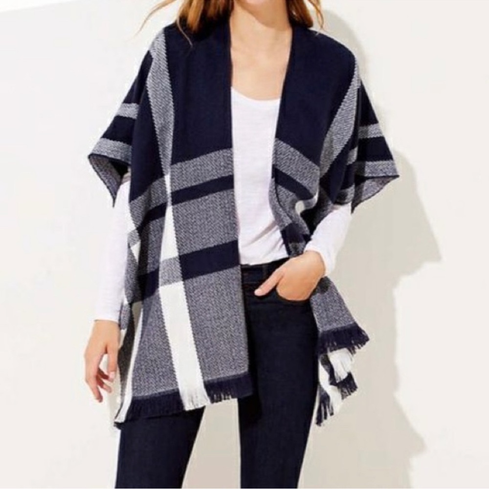 LOFT Women's Blue Plaid Poncho Wrap Shawl XS/S Sweater NWT